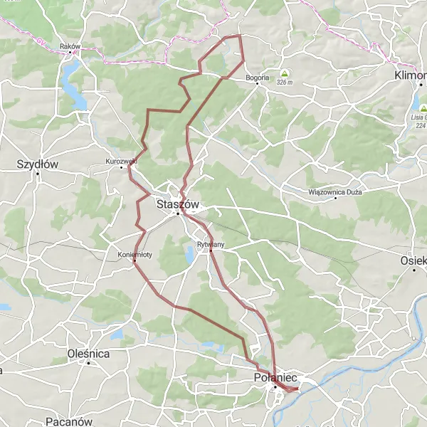 Map miniature of "Połaniec - Rytwiany - Kurozwęki - Sielec - Muszla koncertowa" cycling inspiration in Świętokrzyskie, Poland. Generated by Tarmacs.app cycling route planner