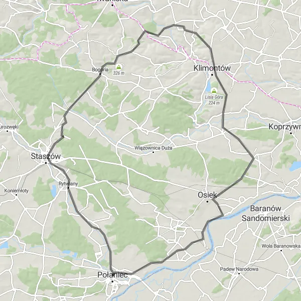 Map miniature of "Road Challenge with Breathtaking Views" cycling inspiration in Świętokrzyskie, Poland. Generated by Tarmacs.app cycling route planner