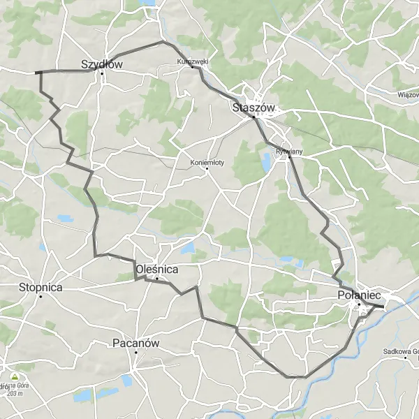 Map miniature of "Połaniec - Łubnice - Oleśnica - Kurozwęki - Rytwiany - Połaniec" cycling inspiration in Świętokrzyskie, Poland. Generated by Tarmacs.app cycling route planner