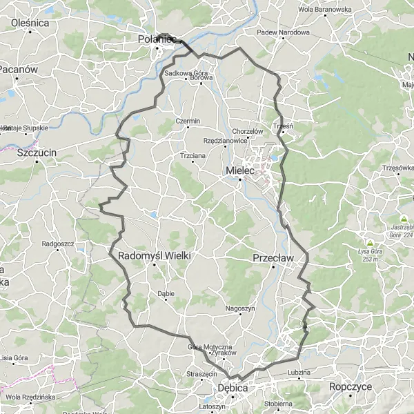 Map miniature of "Połaniec - Jaślany - Rzemień - Paszczyna - Dulcza Wielka - Otałęż - Muszla koncertowa" cycling inspiration in Świętokrzyskie, Poland. Generated by Tarmacs.app cycling route planner