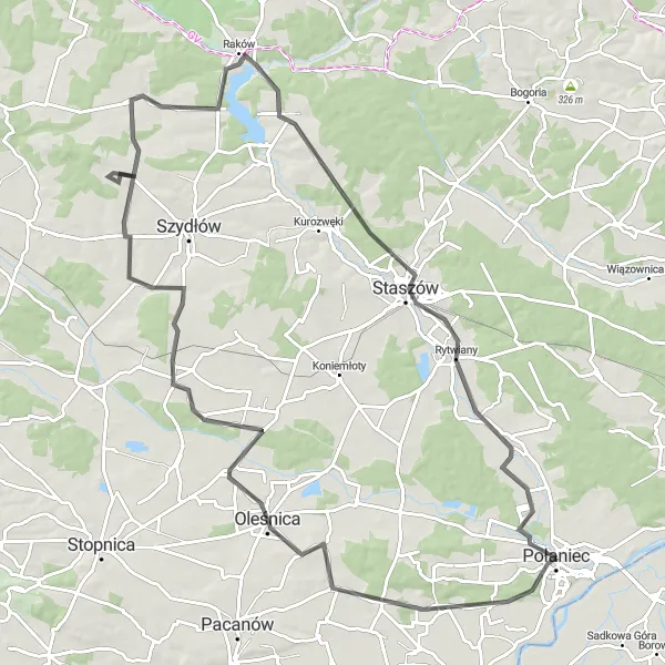 Map miniature of "Połaniec - Łubnice - Tuczępy - Grabki Duże - Chańcza - Staszów" cycling inspiration in Świętokrzyskie, Poland. Generated by Tarmacs.app cycling route planner