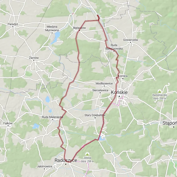 Map miniature of "Gravel Ride: Radoszyce to Petrykozy" cycling inspiration in Świętokrzyskie, Poland. Generated by Tarmacs.app cycling route planner