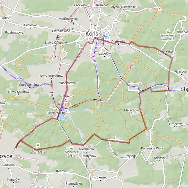 Map miniature of "Końskie Countryside Ride" cycling inspiration in Świętokrzyskie, Poland. Generated by Tarmacs.app cycling route planner