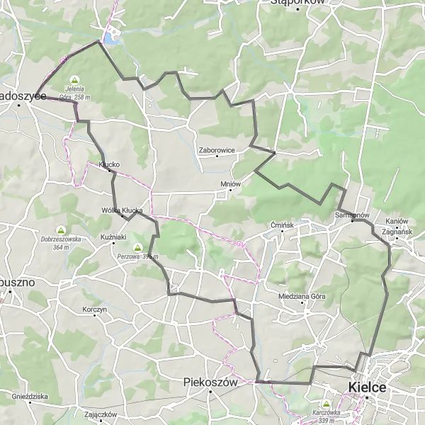 Map miniature of "Radoszyce Gravel Adventure" cycling inspiration in Świętokrzyskie, Poland. Generated by Tarmacs.app cycling route planner