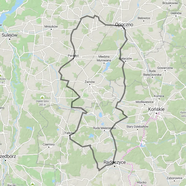 Map miniature of "The Long Loop: Radoszyce to Opoczno" cycling inspiration in Świętokrzyskie, Poland. Generated by Tarmacs.app cycling route planner