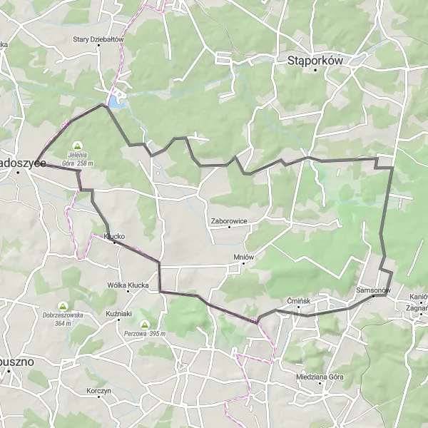 Map miniature of "Around Radoszyce and Janaszów" cycling inspiration in Świętokrzyskie, Poland. Generated by Tarmacs.app cycling route planner