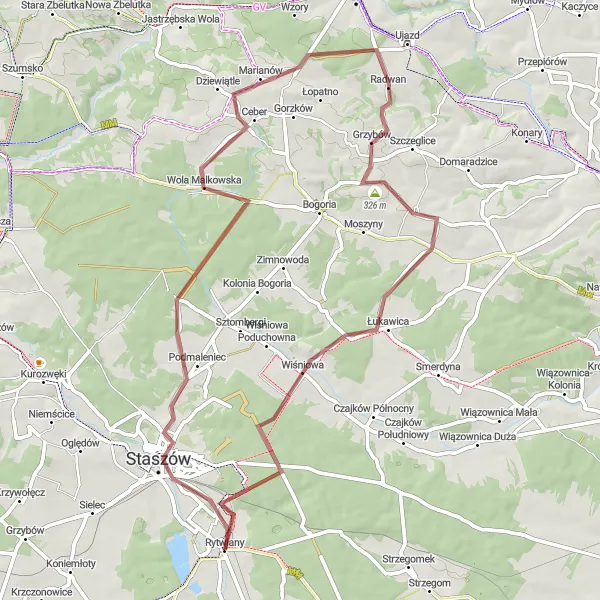 Map miniature of "Rytwiany Loop via Staszów and Ceber" cycling inspiration in Świętokrzyskie, Poland. Generated by Tarmacs.app cycling route planner