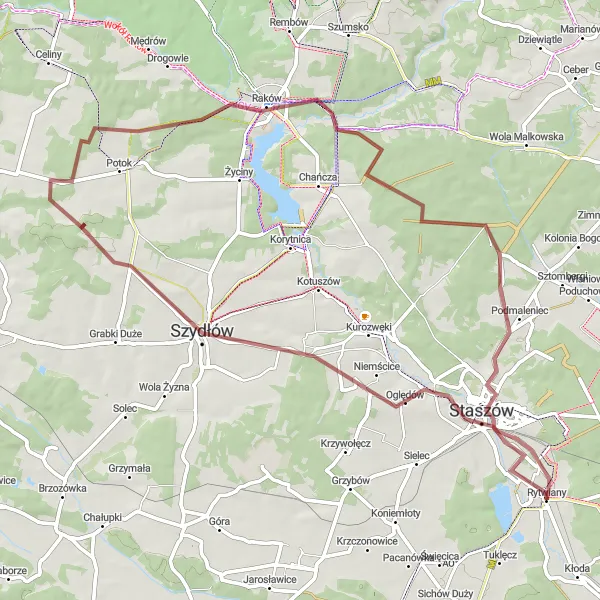 Map miniature of "Raków to Rytwiany Gravel Loop" cycling inspiration in Świętokrzyskie, Poland. Generated by Tarmacs.app cycling route planner