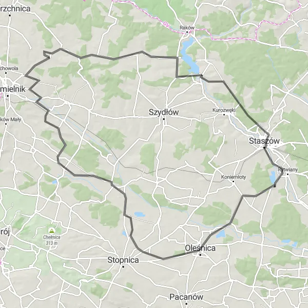 Map miniature of "Rytwiany to Oleśnica Road Loop" cycling inspiration in Świętokrzyskie, Poland. Generated by Tarmacs.app cycling route planner