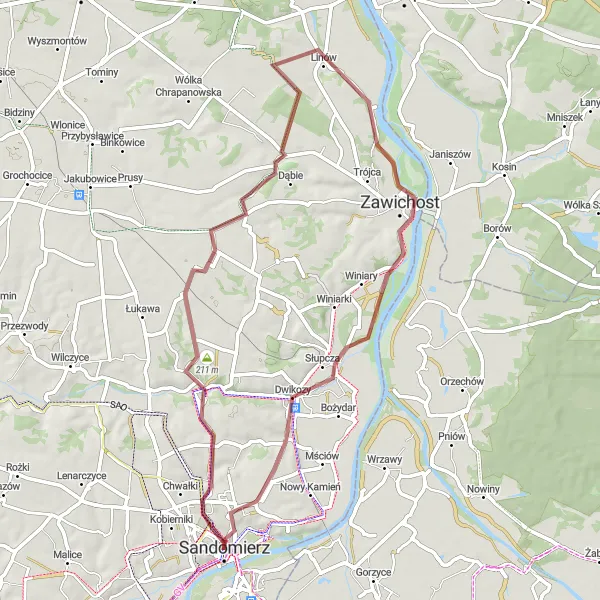 Map miniature of "Castles and Countryside" cycling inspiration in Świętokrzyskie, Poland. Generated by Tarmacs.app cycling route planner