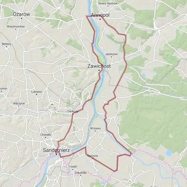 Map miniature of "Gravel Adventure: Exploring the Wilderness near Sandomierz" cycling inspiration in Świętokrzyskie, Poland. Generated by Tarmacs.app cycling route planner