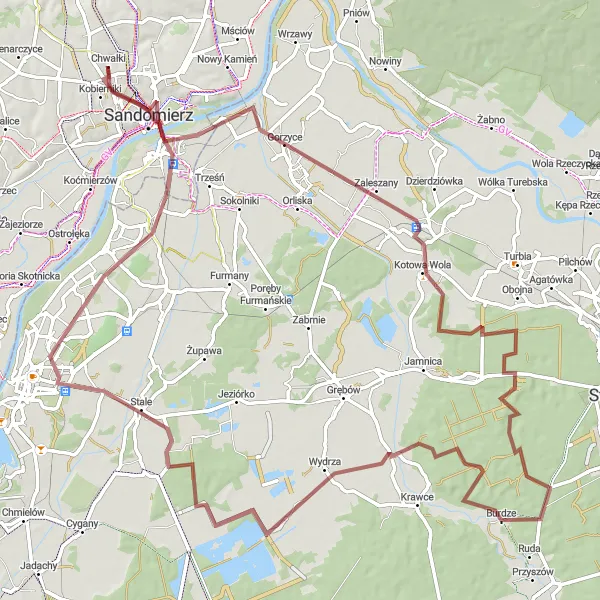 Map miniature of "Rugged Beauty: Off the Beaten Path in Sandomierz" cycling inspiration in Świętokrzyskie, Poland. Generated by Tarmacs.app cycling route planner