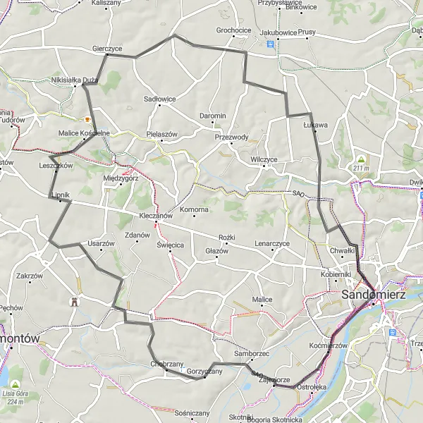 Map miniature of "Idyllic Countryside Escape: Cycling around Sandomierz" cycling inspiration in Świętokrzyskie, Poland. Generated by Tarmacs.app cycling route planner