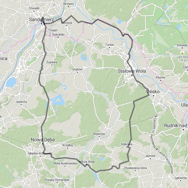 Map miniature of "Sandomierz Loop: Exploring Medieval Landscapes" cycling inspiration in Świętokrzyskie, Poland. Generated by Tarmacs.app cycling route planner