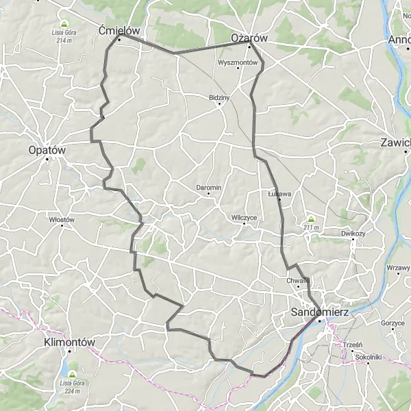 Map miniature of "Cultural Heritage Ride: Sandomierz and Surroundings" cycling inspiration in Świętokrzyskie, Poland. Generated by Tarmacs.app cycling route planner