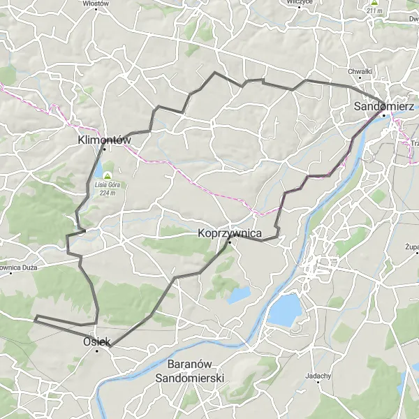 Map miniature of "Sandomierz Road Adventure" cycling inspiration in Świętokrzyskie, Poland. Generated by Tarmacs.app cycling route planner