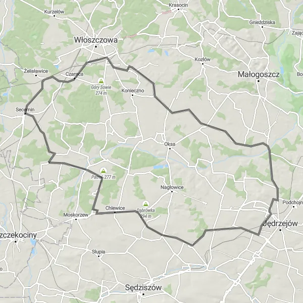 Map miniature of "Secemin - Patrol Loop" cycling inspiration in Świętokrzyskie, Poland. Generated by Tarmacs.app cycling route planner