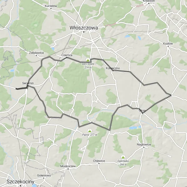 Map miniature of "The Secemin Loop" cycling inspiration in Świętokrzyskie, Poland. Generated by Tarmacs.app cycling route planner