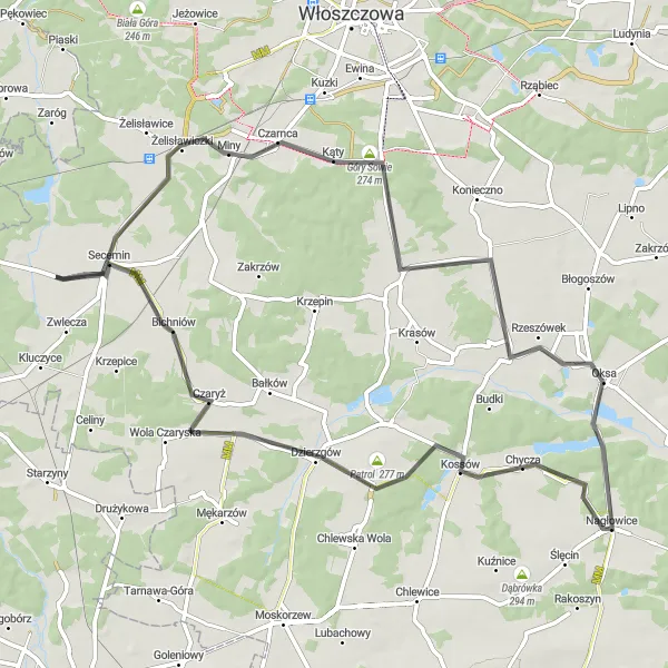 Map miniature of "Secemin - Patrol - Oksa Loop" cycling inspiration in Świętokrzyskie, Poland. Generated by Tarmacs.app cycling route planner