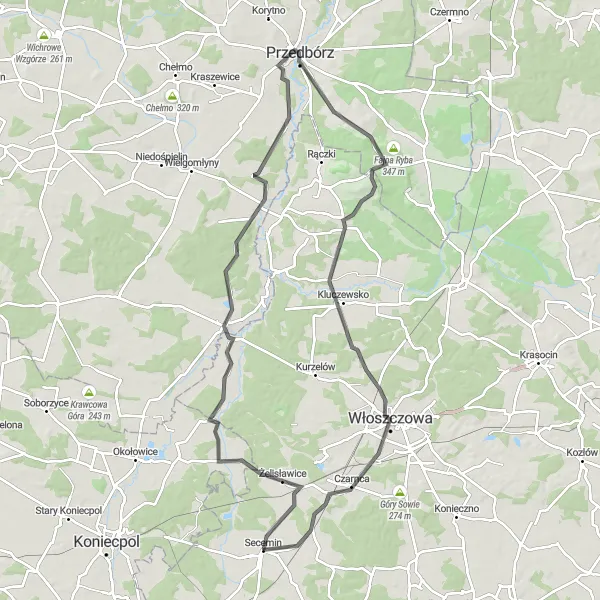 Map miniature of "Secemin - Włoszczowa Loop" cycling inspiration in Świętokrzyskie, Poland. Generated by Tarmacs.app cycling route planner