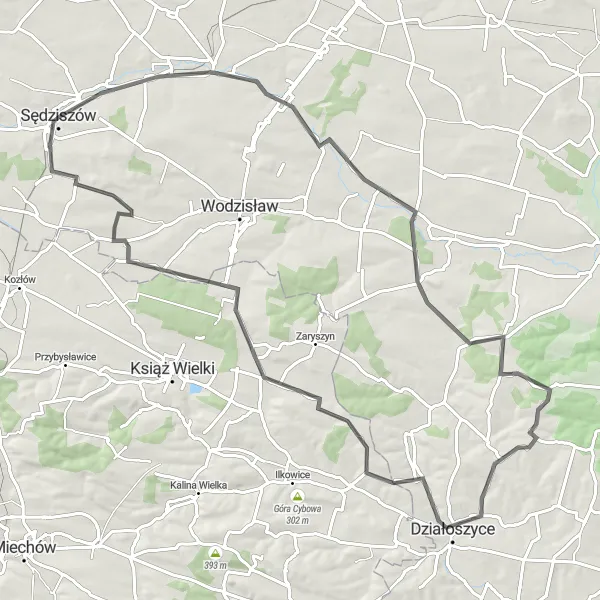 Map miniature of "Sędziszów - Krzcięcice - Lubcza - Działoszyce - Książ Mały - Sędziszów" cycling inspiration in Świętokrzyskie, Poland. Generated by Tarmacs.app cycling route planner