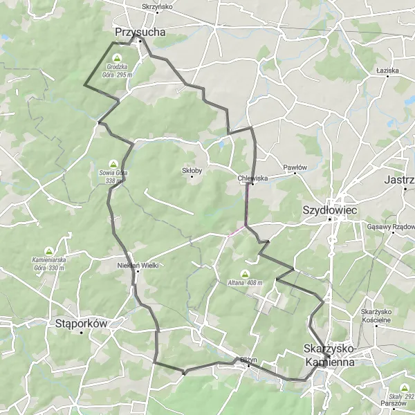 Miniatura mapy "Trasa Szosowa Skarżysko-Kamienna - Wołów" - trasy rowerowej w Świętokrzyskie, Poland. Wygenerowane przez planer tras rowerowych Tarmacs.app