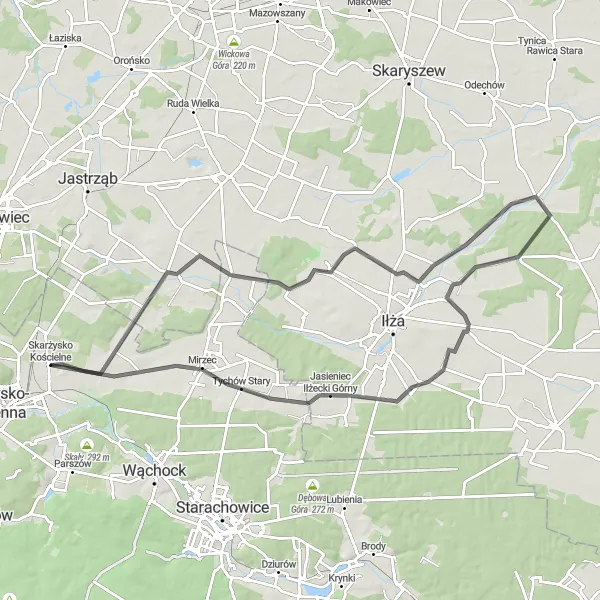 Map miniature of "The Valley Adventure" cycling inspiration in Świętokrzyskie, Poland. Generated by Tarmacs.app cycling route planner