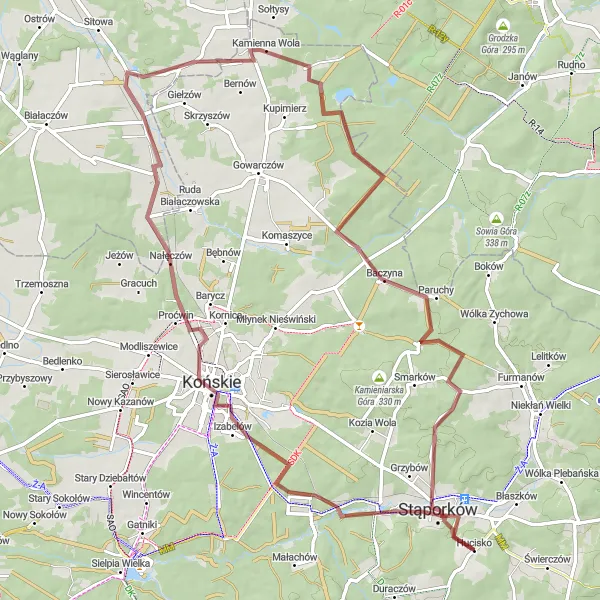 Map miniature of "The Rustic Beauty of Stąporków and Borowa Góra" cycling inspiration in Świętokrzyskie, Poland. Generated by Tarmacs.app cycling route planner