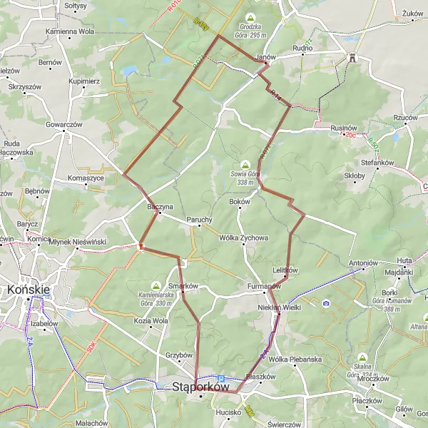 Map miniature of "Through Stara Kuźnica and Błaszków" cycling inspiration in Świętokrzyskie, Poland. Generated by Tarmacs.app cycling route planner