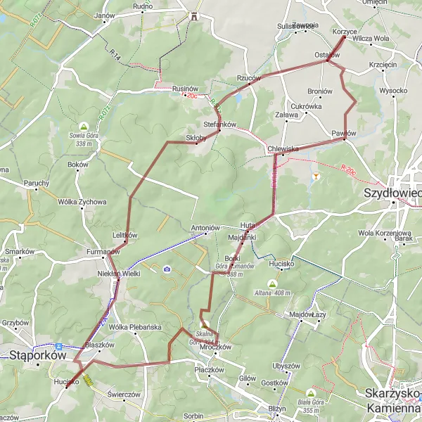 Map miniature of "Challenging Gravel Ride through Nadolna and Błaszków" cycling inspiration in Świętokrzyskie, Poland. Generated by Tarmacs.app cycling route planner