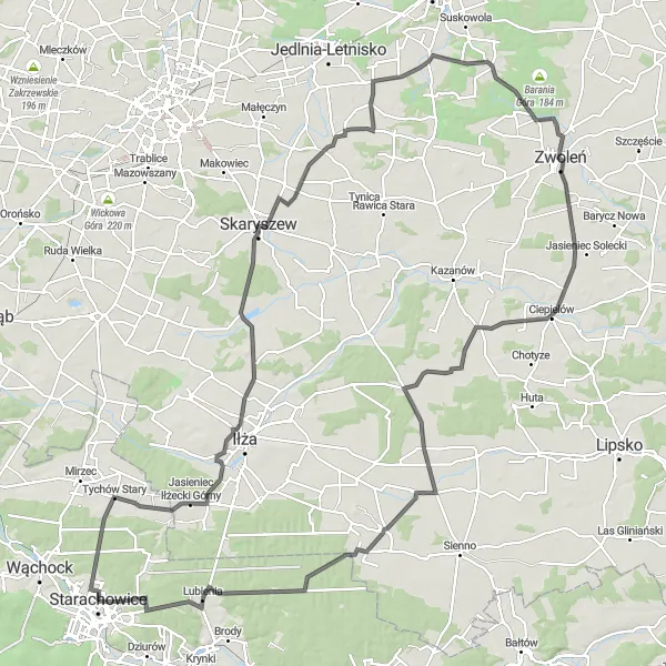 Map miniature of "Starachowice Road Trails" cycling inspiration in Świętokrzyskie, Poland. Generated by Tarmacs.app cycling route planner