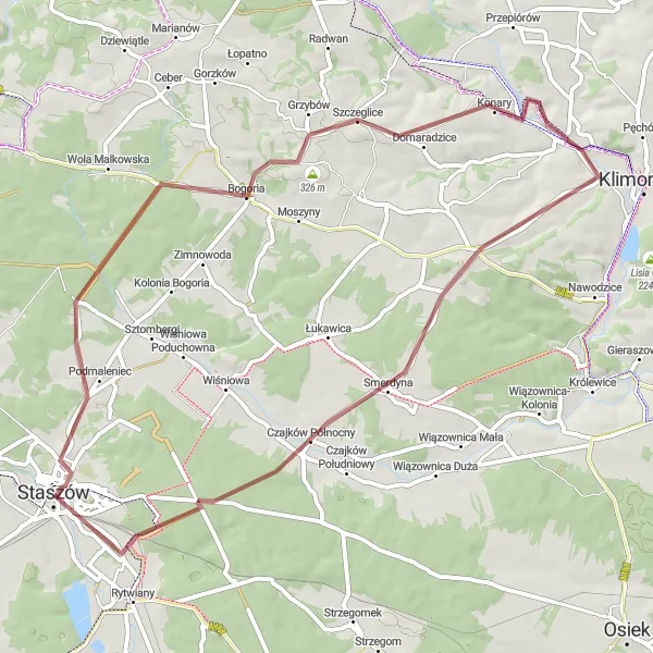 Map miniature of "Bogoria Gravel Adventure" cycling inspiration in Świętokrzyskie, Poland. Generated by Tarmacs.app cycling route planner