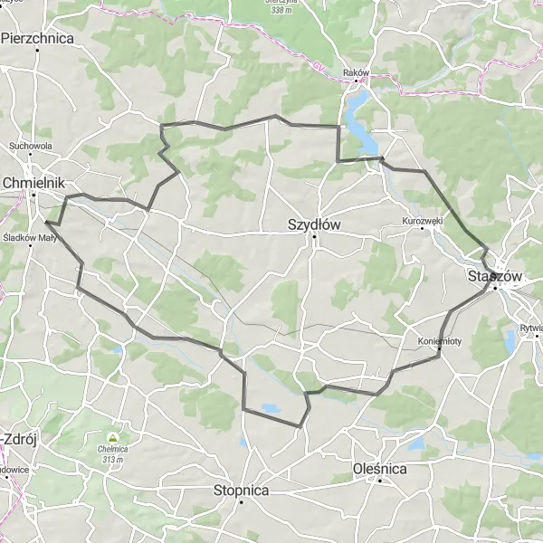 Map miniature of "Koniemłoty Loop" cycling inspiration in Świętokrzyskie, Poland. Generated by Tarmacs.app cycling route planner