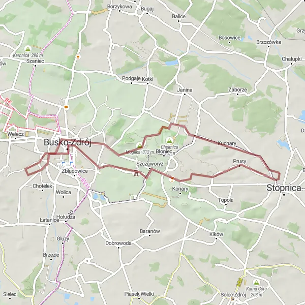 Map miniature of "Gravel Cycling Route from Stopnica to Strzałków, Czarownica, Busko-Zdrój, Ostra Góra, and Stopnica" cycling inspiration in Świętokrzyskie, Poland. Generated by Tarmacs.app cycling route planner