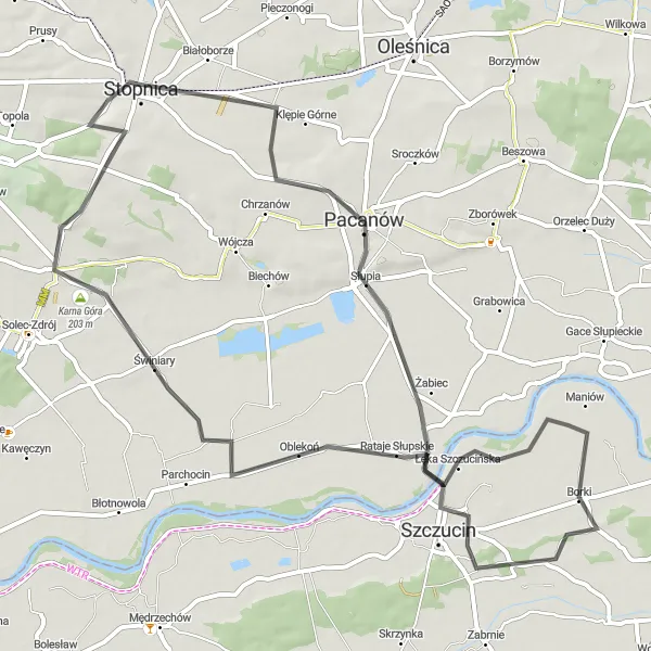 Map miniature of "Pacanów Loop" cycling inspiration in Świętokrzyskie, Poland. Generated by Tarmacs.app cycling route planner