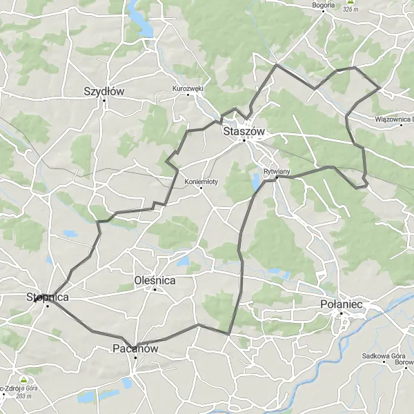 Map miniature of "Nature's Beauty: Oględów to Łubnice" cycling inspiration in Świętokrzyskie, Poland. Generated by Tarmacs.app cycling route planner