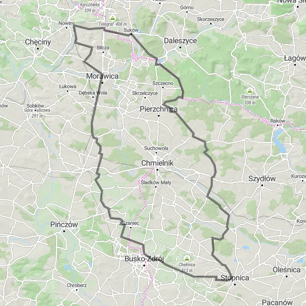 Map miniature of "Climbing Challenge to Drugnia" cycling inspiration in Świętokrzyskie, Poland. Generated by Tarmacs.app cycling route planner