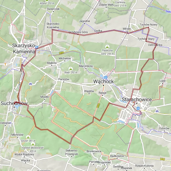 Map miniature of "The Gravel Adventure" cycling inspiration in Świętokrzyskie, Poland. Generated by Tarmacs.app cycling route planner