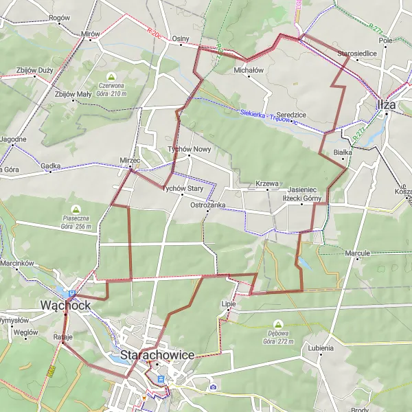 Map miniature of "Gravel Adventure in Starachowice" cycling inspiration in Świętokrzyskie, Poland. Generated by Tarmacs.app cycling route planner
