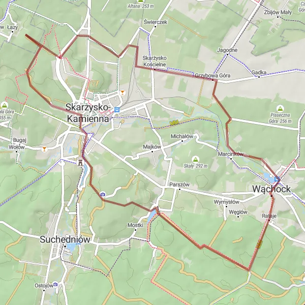 Map miniature of "Scenic Gravel Tour in Skarżysko-Kamienna" cycling inspiration in Świętokrzyskie, Poland. Generated by Tarmacs.app cycling route planner