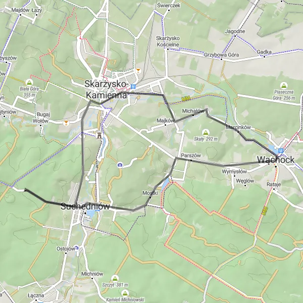 Map miniature of "The Suchedniów Adventure" cycling inspiration in Świętokrzyskie, Poland. Generated by Tarmacs.app cycling route planner
