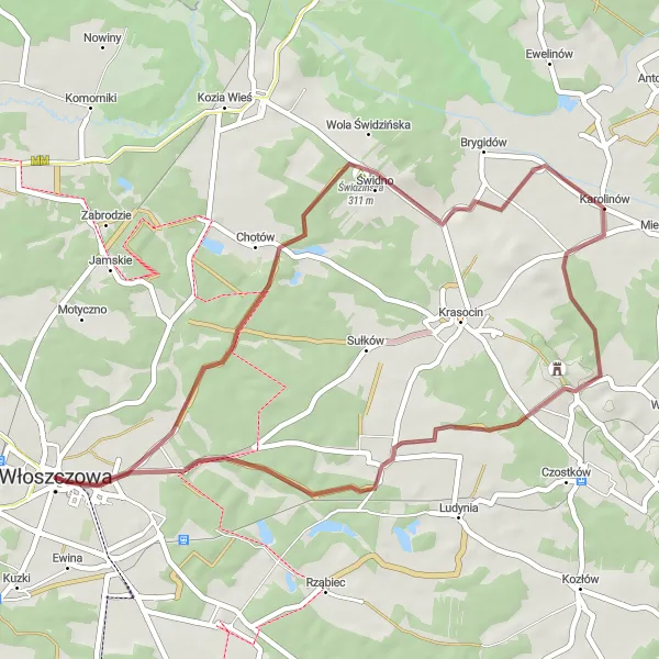 Map miniature of "Gravel Adventure through Świdzińska" cycling inspiration in Świętokrzyskie, Poland. Generated by Tarmacs.app cycling route planner