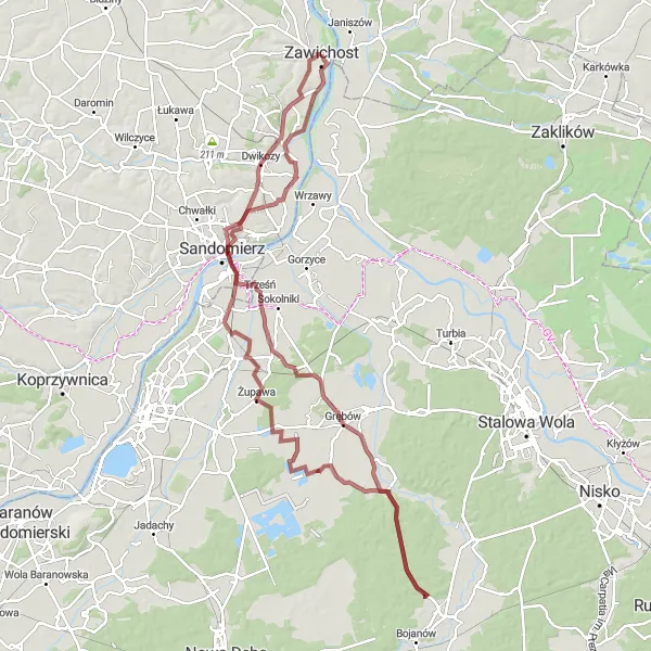 Map miniature of "The Gravel Adventure to Wzgórze Katedralne" cycling inspiration in Świętokrzyskie, Poland. Generated by Tarmacs.app cycling route planner