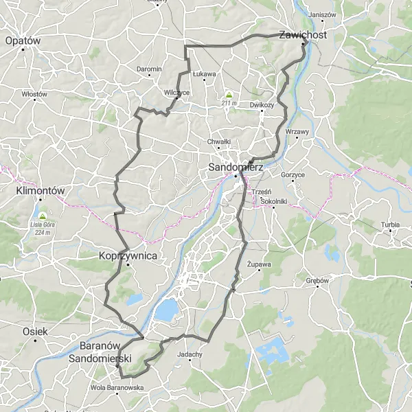 Map miniature of "Zawichost and Cathedral Hill Road Ride" cycling inspiration in Świętokrzyskie, Poland. Generated by Tarmacs.app cycling route planner