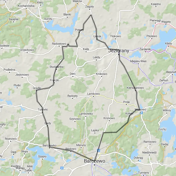 Miniatura mapy "Szlak przez Żegoty i Jeziorany" - trasy rowerowej w Warmińsko-mazurskie, Poland. Wygenerowane przez planer tras rowerowych Tarmacs.app