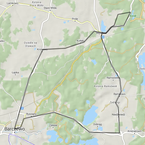 Map miniature of "Warmińsko-Mazurska Countryside Loop" cycling inspiration in Warmińsko-mazurskie, Poland. Generated by Tarmacs.app cycling route planner