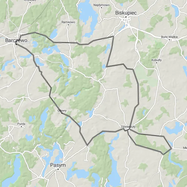 Miniatura mapy "Przejażdżka szlakiem Dźwierzut i Giław" - trasy rowerowej w Warmińsko-mazurskie, Poland. Wygenerowane przez planer tras rowerowych Tarmacs.app
