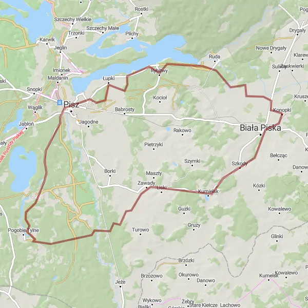 Map miniature of "Piska Gravel Escape" cycling inspiration in Warmińsko-mazurskie, Poland. Generated by Tarmacs.app cycling route planner