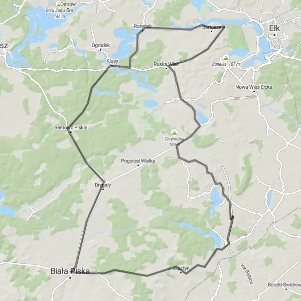 Map miniature of "Bajtkowo Road Adventure" cycling inspiration in Warmińsko-mazurskie, Poland. Generated by Tarmacs.app cycling route planner