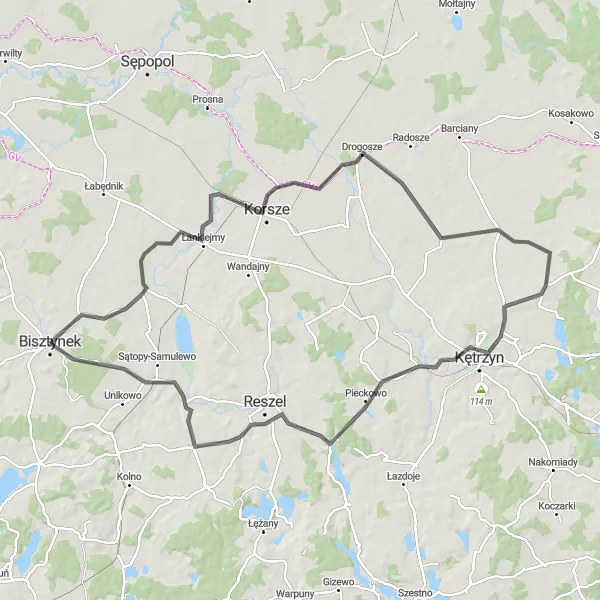 Map miniature of "Korsze Kętrzyn Adventure" cycling inspiration in Warmińsko-mazurskie, Poland. Generated by Tarmacs.app cycling route planner